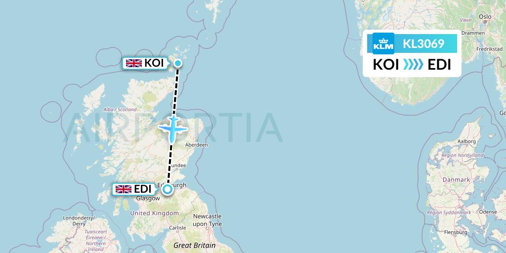 KL3069 KLM Flight Map: Kirkwall to Edinburgh