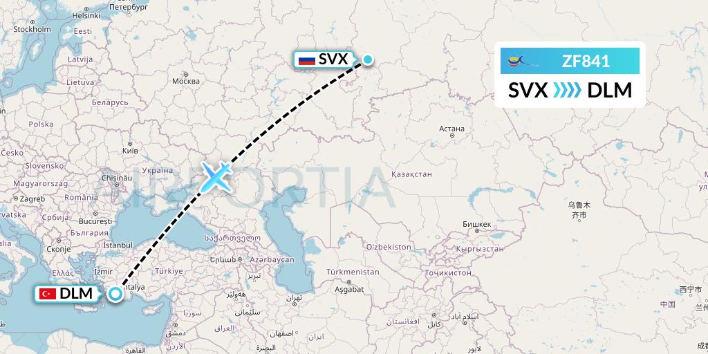 ZF841 Azur Air Flight Map: Yekaterinburg to Dalaman