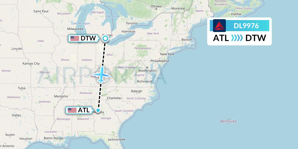 DL9976 Delta Air Lines Flight Map: Atlanta to Detroit