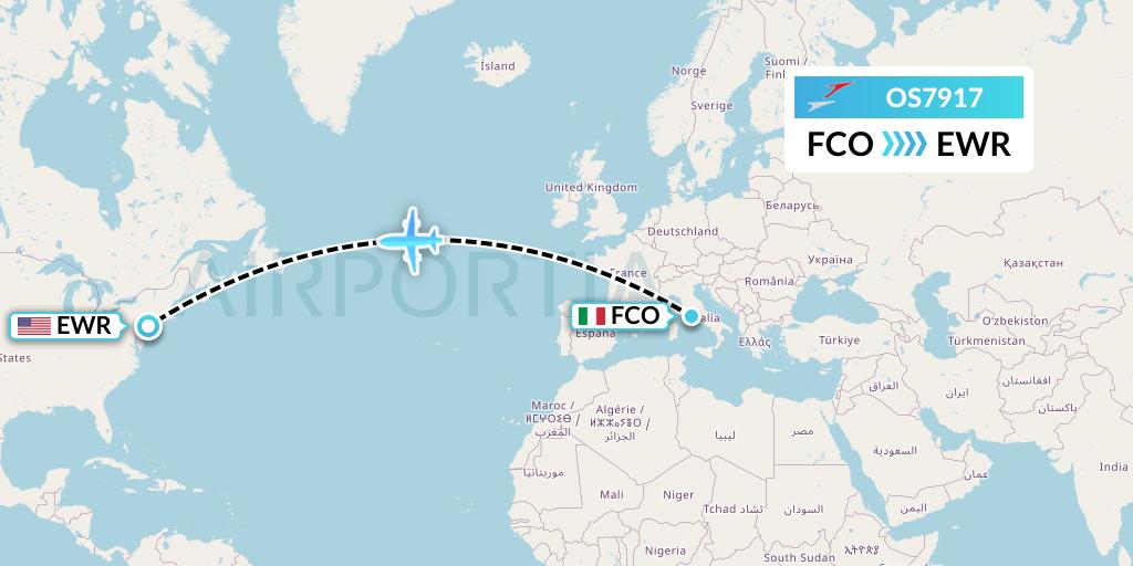 OS7917 Austrian Airlines Flight Map: Rome to New York
