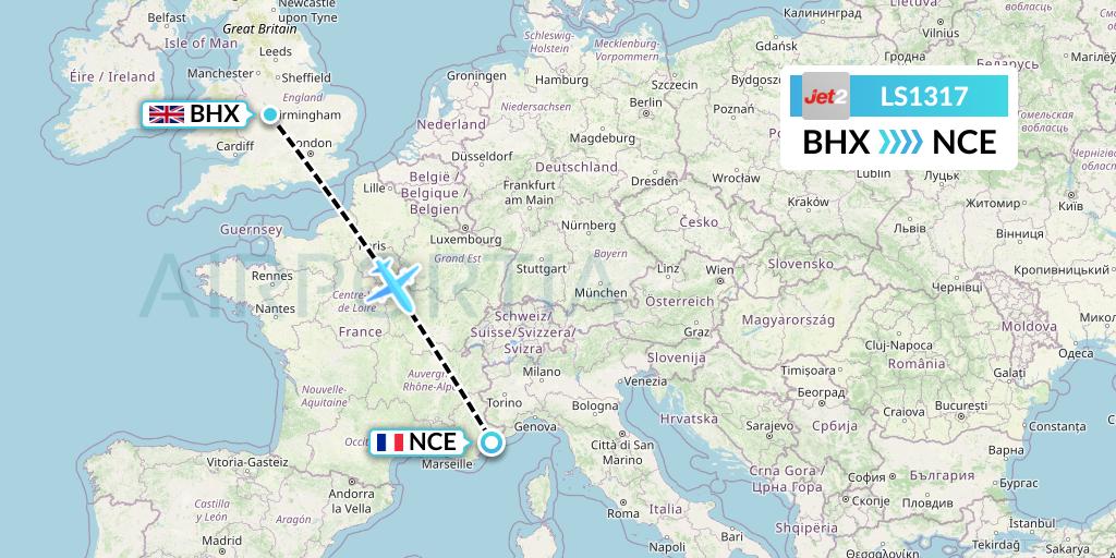 LS1317 Jet2 Flight Map: Birmingham to Nice