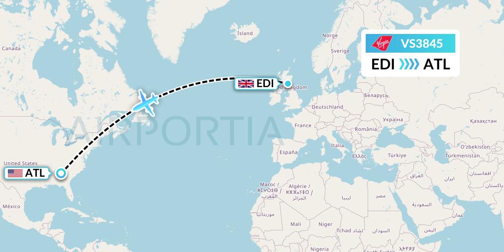 VS3845 Virgin Atlantic Airways Flight Map: Edinburgh to Atlanta