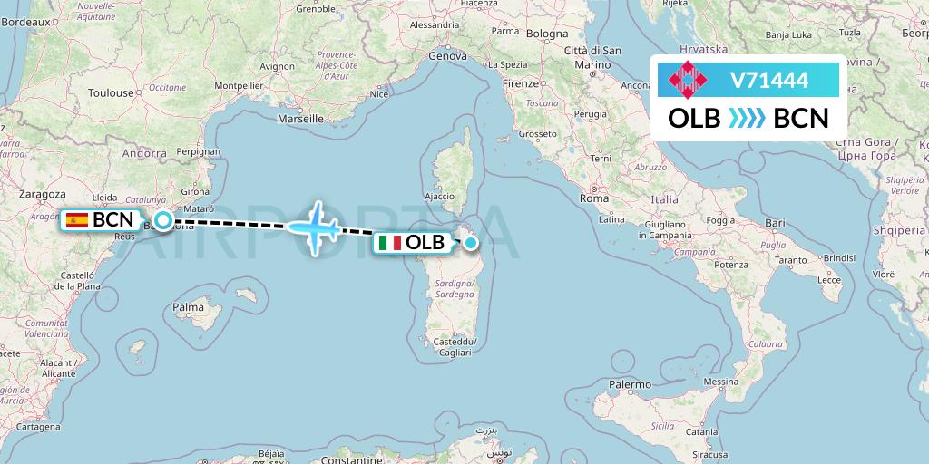 V71444 Volotea Flight Map: Olbia to Barcelona