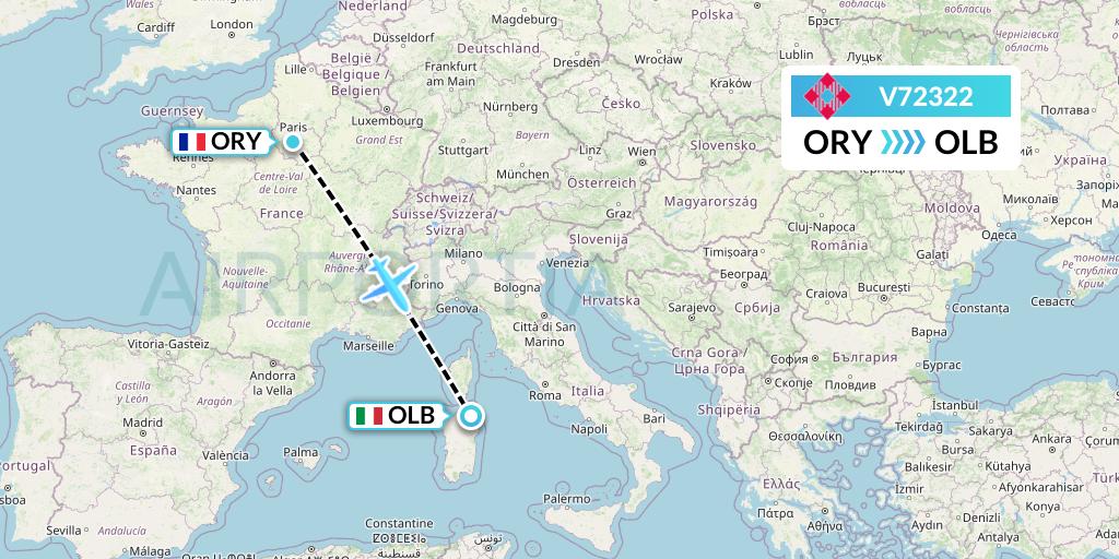 V72322 Volotea Flight Map: Paris to Olbia