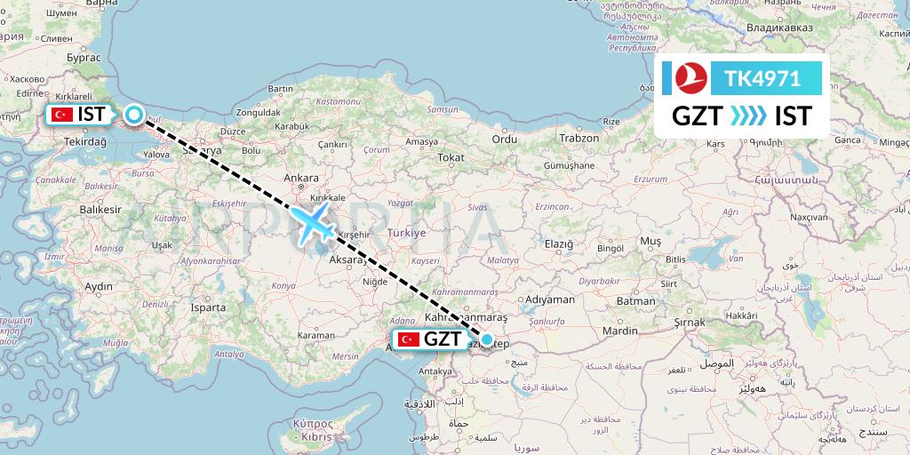 TK4971 Turkish Airlines Flight Map: Gaziantep to Istanbul