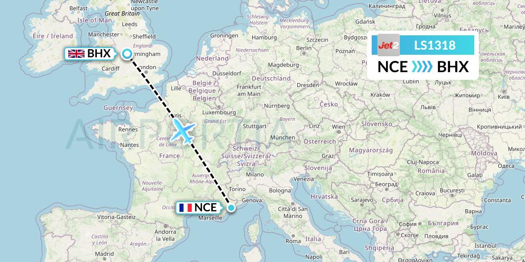 LS1318 Jet2 Flight Map: Nice to Birmingham