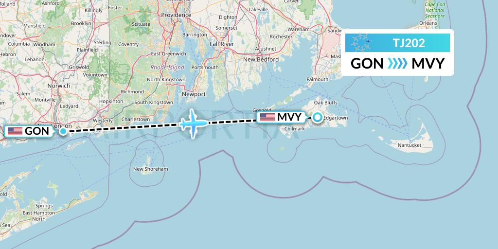 TJ202 Tradewind Aviation Flight Map: New London to Martha's Vineyard