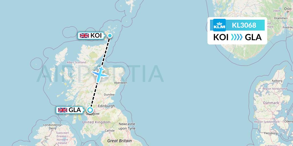KL3068 KLM Flight Map: Kirkwall to Glasgow