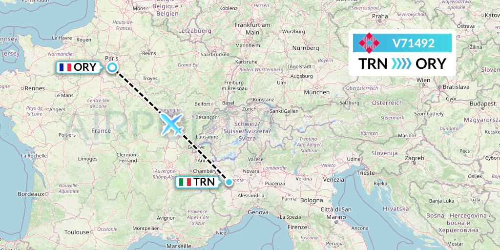 V71492 Volotea Flight Map: Turin to Paris