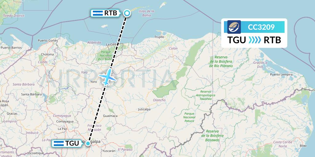 CC3209 CM Airlines Flight Map: Tegucigalpa to Roatan