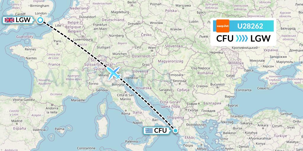 U28262 EasyJet Flight Map: Corfu to London