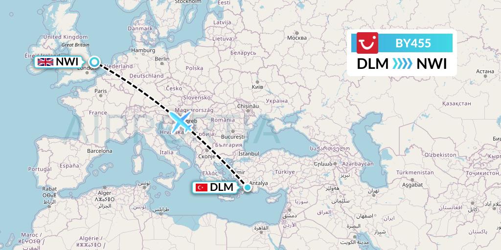 BY455 TUI Airways Flight Map: Dalaman to Norwich