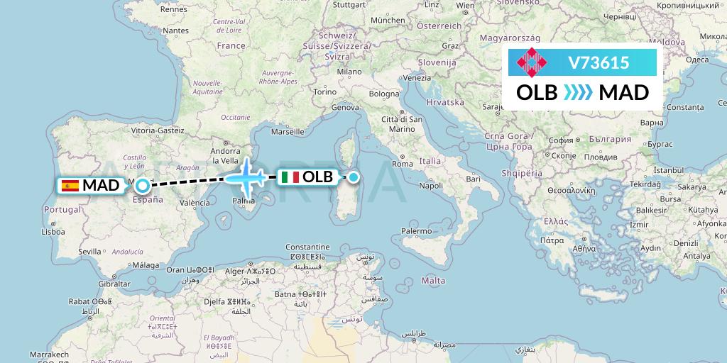 V73615 Volotea Flight Map: Olbia to Madrid