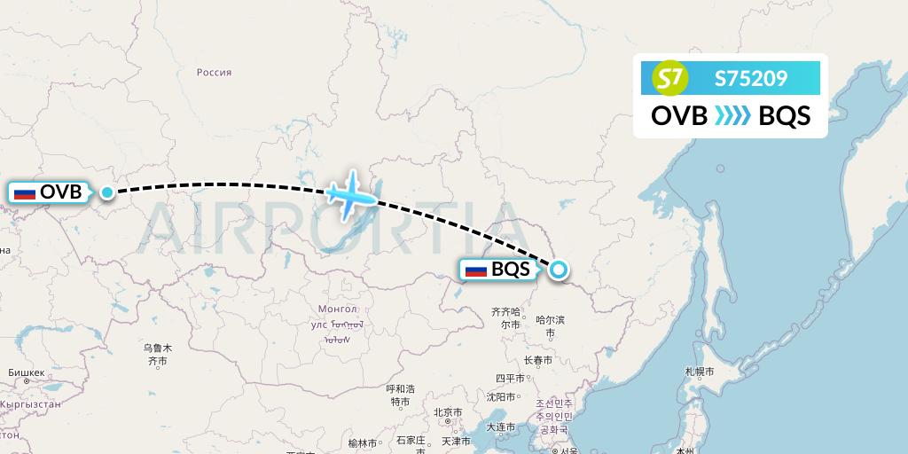 S75209 S7 Airlines Flight Map: Novosibirsk to Blagoveshchensk