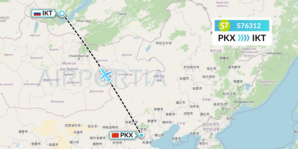 S76312 S7 Airlines Flight Map: Beijing to Irkutsk