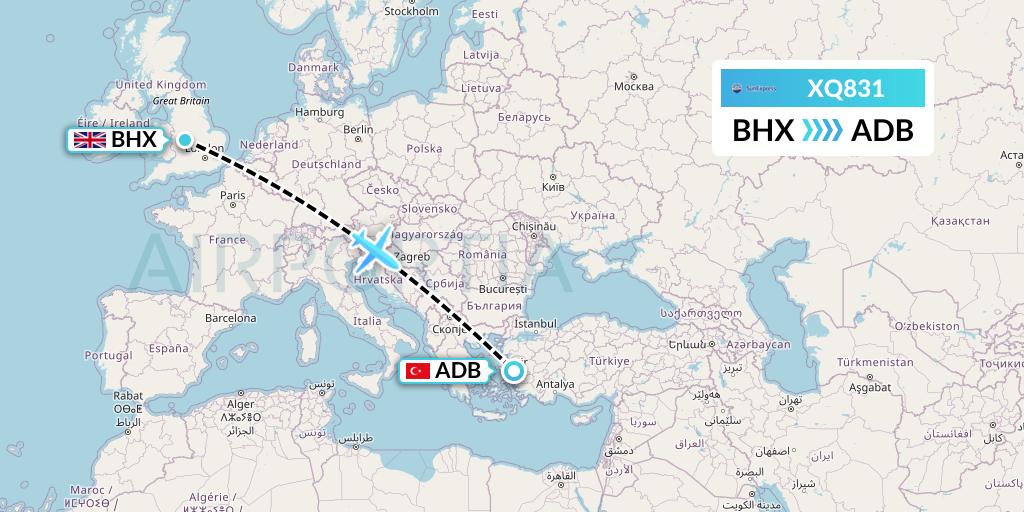 XQ831 SunExpress Flight Map: Birmingham to Izmir