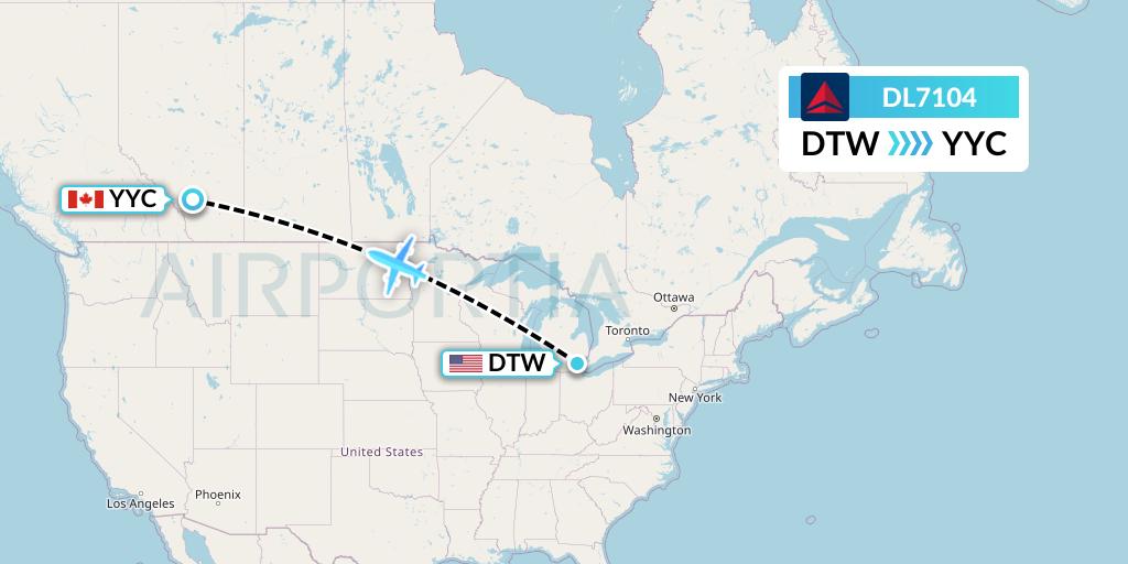 DL7104 Delta Air Lines Flight Map: Detroit to Calgary