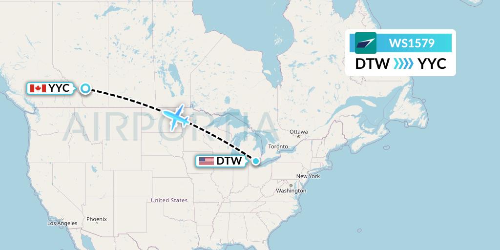 WS1579 WestJet Flight Map: Detroit to Calgary