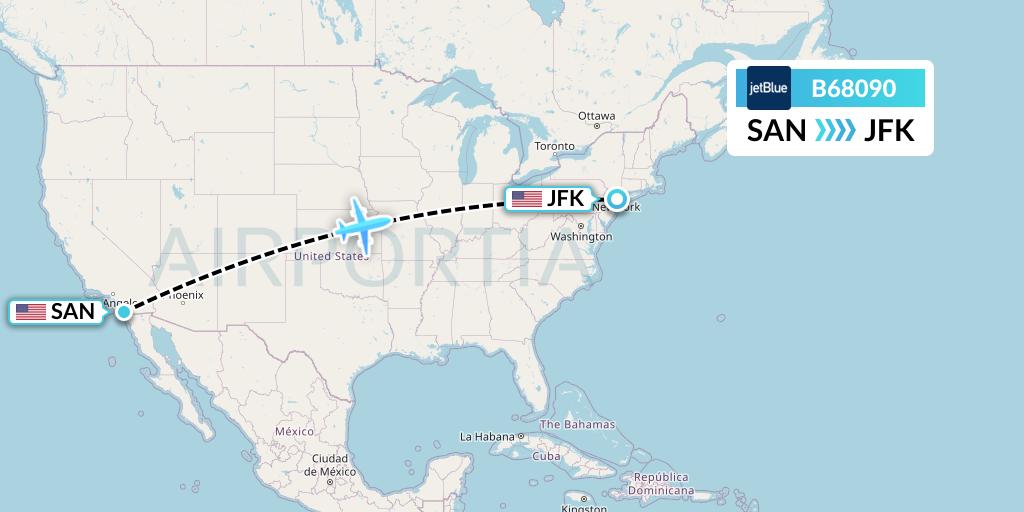 B68090 JetBlue Airways Flight Map: San Diego to New York
