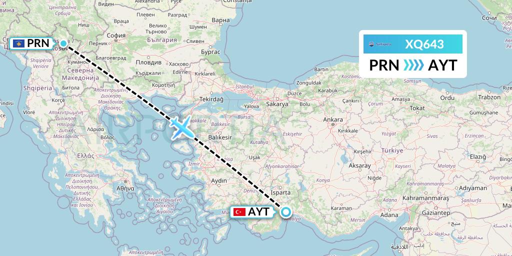 XQ643 SunExpress Flight Map: Pristina to Antalya