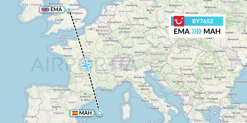 BY7652 TUI Airways Flight Map: East Midlands to Mahon