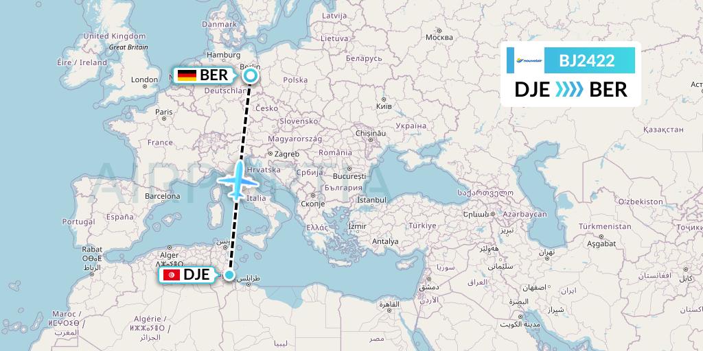 BJ2422 Nouvelair Tunisie Flight Map: Djerba to Berlin