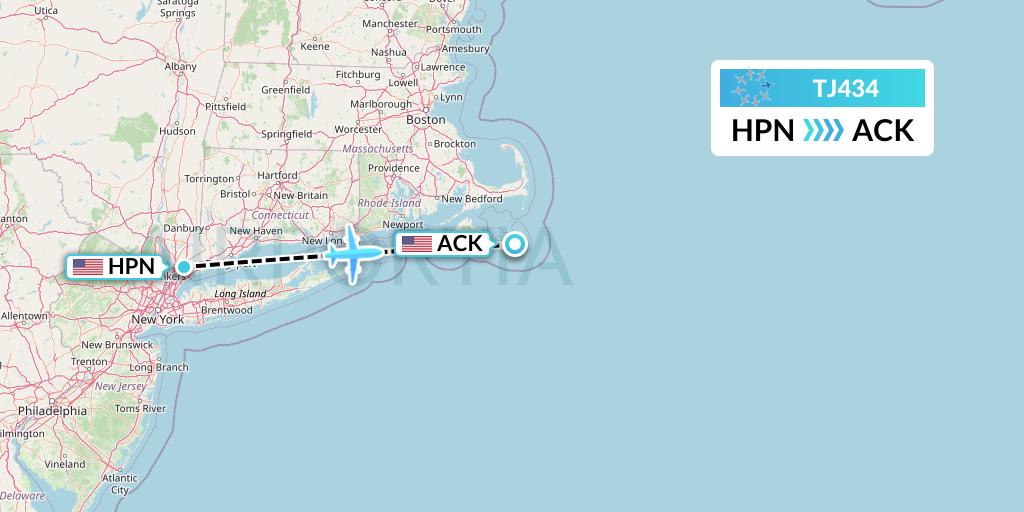TJ434 Tradewind Aviation Flight Map: White Plains to Nantucket