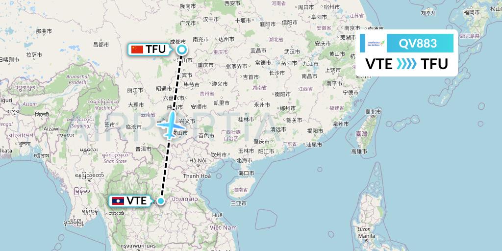 QV883 Lao Airlines Flight Map: Vientiane to Chengdu
