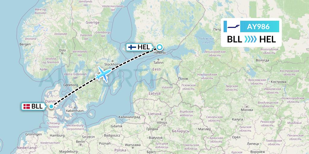 AY986 Finnair Flight Map: Billund to Helsinki