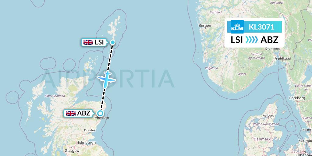 KL3071 KLM Flight Map: Sumburgh to Aberdeen