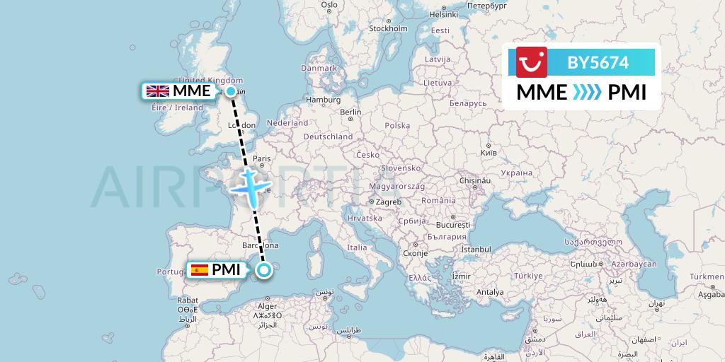 BY5674 TUI Airways Flight Map: Darlington to Palma de Mallorca