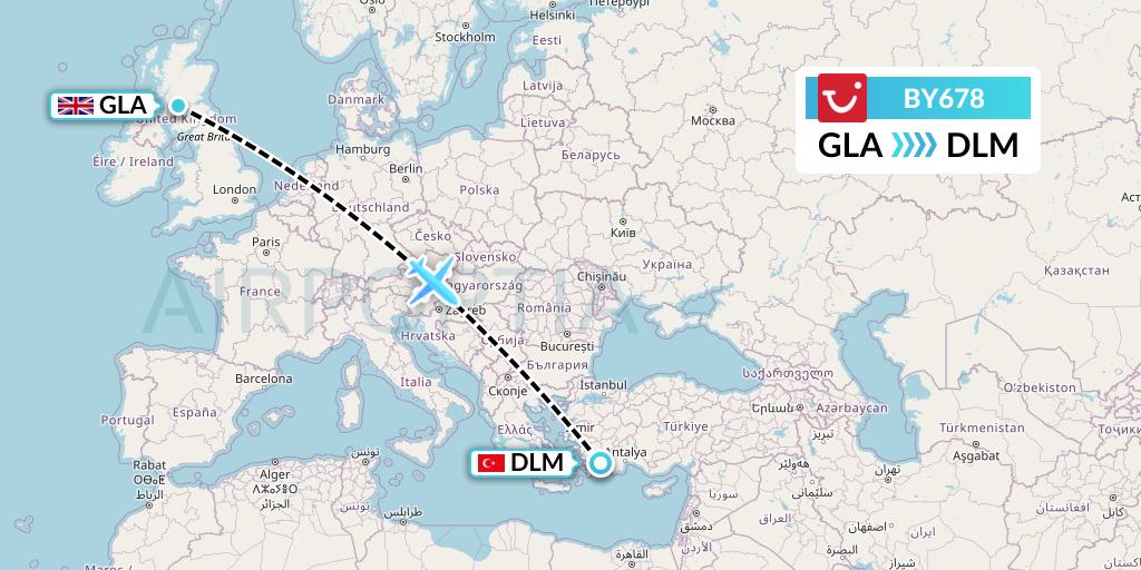 BY678 TUI Airways Flight Map: Glasgow to Dalaman