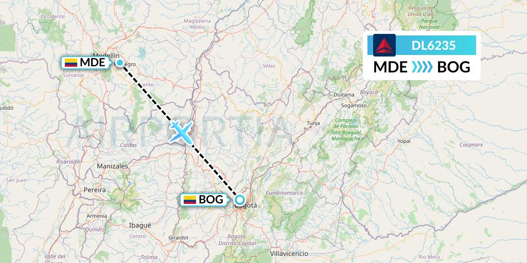 DL6235 Delta Air Lines Flight Map: Medellin to Bogota