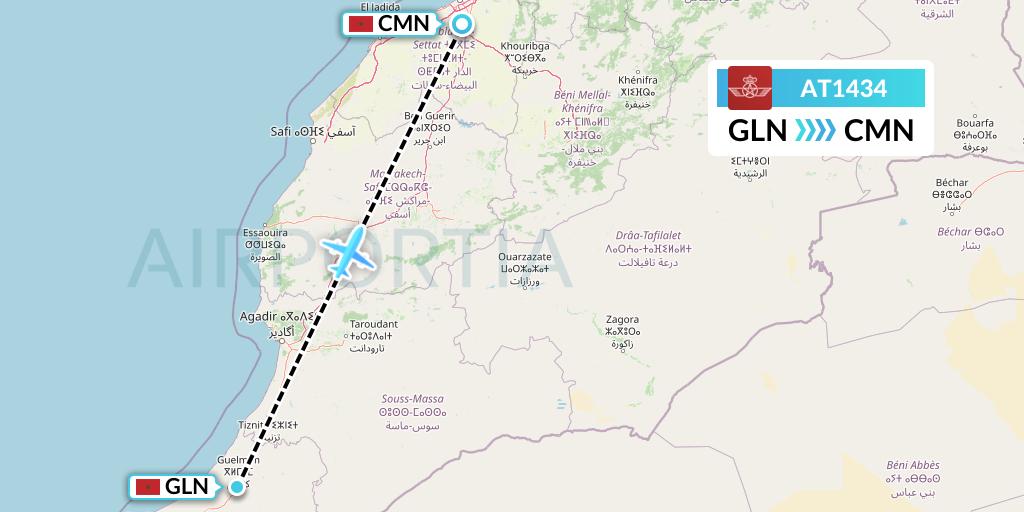 AT1434 Royal Air Maroc Flight Map: Guelmim to Casablanca