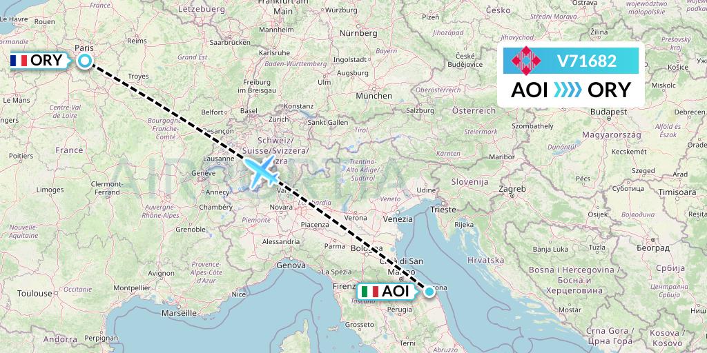 V71682 Volotea Flight Map: Ancona to Paris