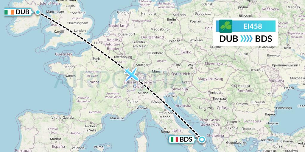 EI458 Aer Lingus Flight Map: Dublin to Brindisi