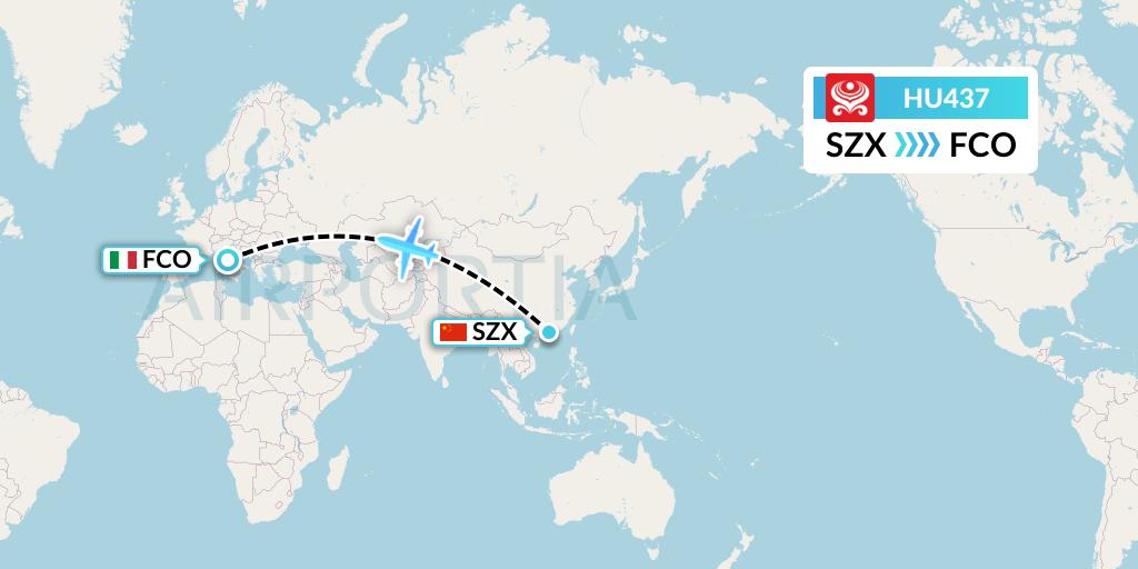 HU437 Hainan Airlines Flight Map: Shenzhen to Rome