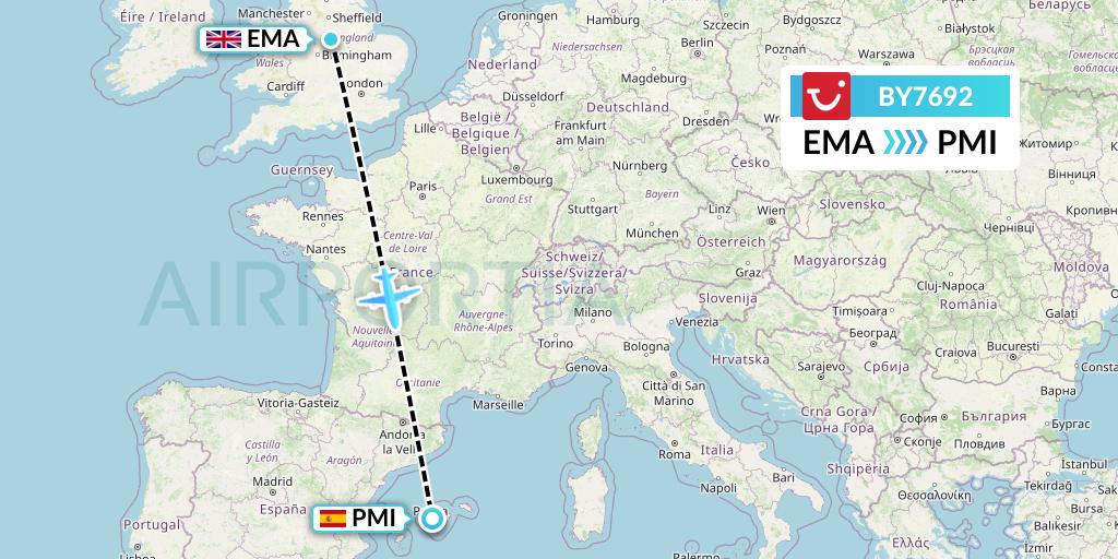 BY7692 TUI Airways Flight Map: East Midlands to Palma de Mallorca