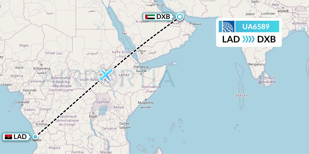 UA6589 United Airlines Flight Map: Luanda to Dubai