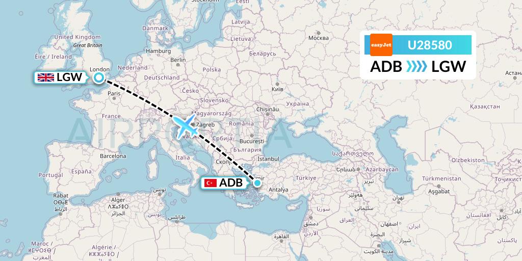 U28580 EasyJet Flight Map: Izmir to London