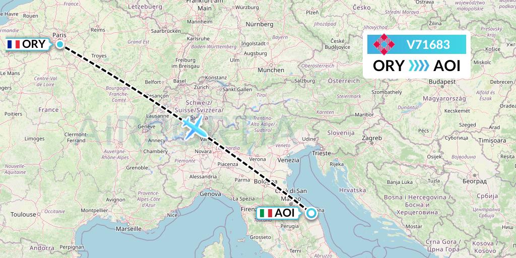V71683 Volotea Flight Map: Paris to Ancona