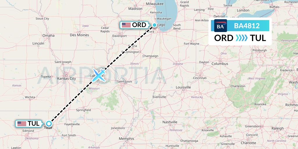 BA4812 British Airways Flight Map: Chicago to Tulsa