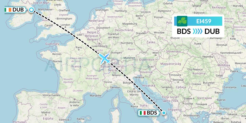 EI459 Aer Lingus Flight Map: Brindisi to Dublin