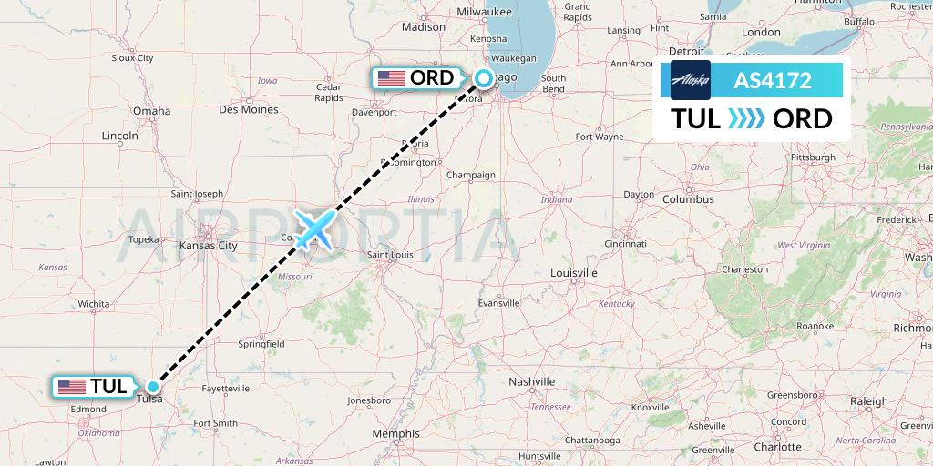 AS4172 Alaska Airlines Flight Map: Tulsa to Chicago