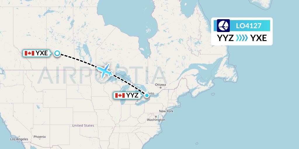 LO4127 LOT Flight Map: Toronto to Saskatoon