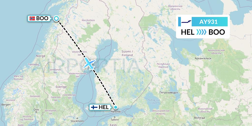 AY931 Finnair Flight Map: Helsinki to Bodo