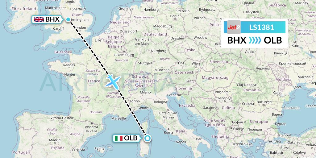 LS1381 Jet2 Flight Map: Birmingham to Olbia