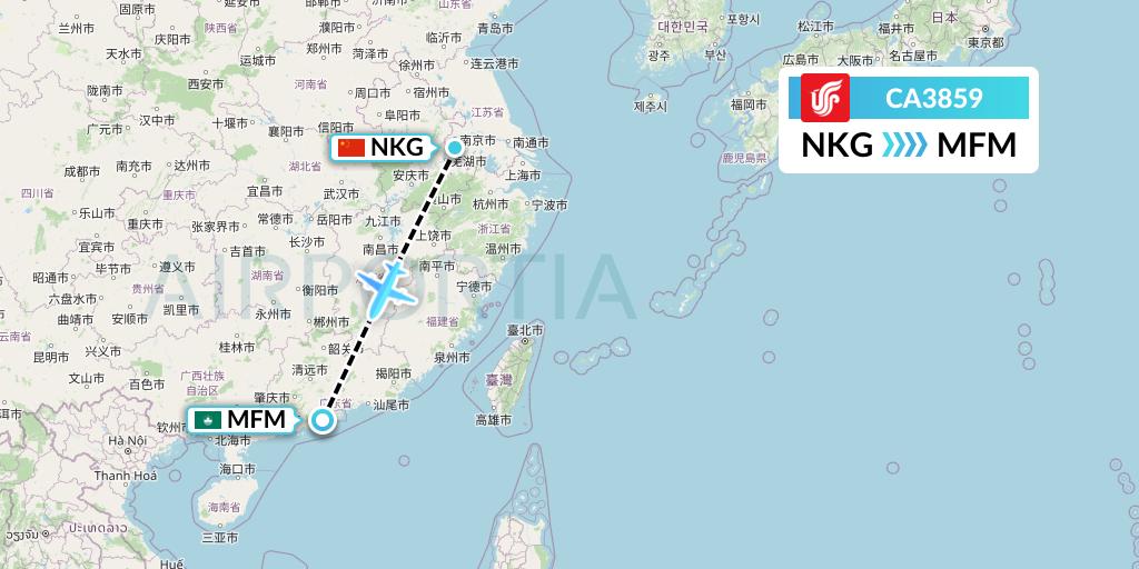 CA3859 Air China Flight Map: Nanjing to Macau