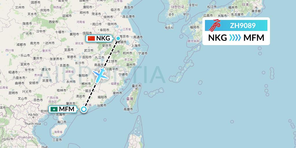 ZH9089 Shenzhen Airlines Flight Map: Nanjing to Macau