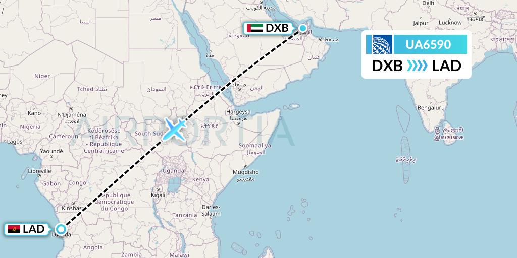 UA6590 United Airlines Flight Map: Dubai to Luanda